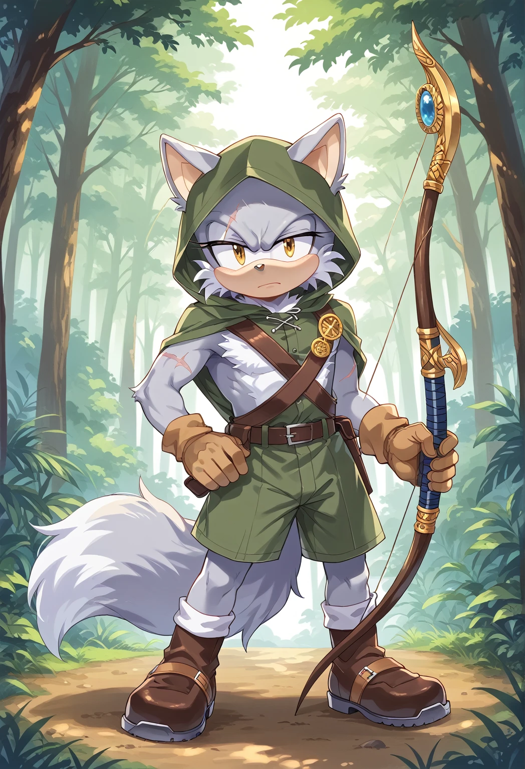 Male Wolf, ((Sonic character oc )), Male adult, ( silver fur in all body ), ( light gray inner ears ), (Alone), ( Short and messy hair ), forest, Left eye Blind , scar near the left eye that crosses the left eye diagonally, bow and quiver, con un hunter bow que utiliza como un Staff para ciegos, Archery, wears a hood pero no esta puesta en su cabeza, brown gloves with cut toes and boots, yellow Eyes, Day time, ((mobian)), moebius forest, ranger clothing, (Fluffy Fur), Large Fluffy Tail, serious and sexy pose listo para el combate, ropa desgastada