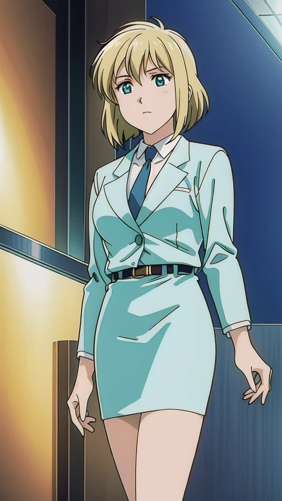 Blonde、 bob cut、Green Eyes、悲しface、 Full Body Style 、 normal breasts、 narrow waist 、Bare legs、 blue jacket ,襟付きshirt, shirt, yellow tie ,belt,,  Blue Mini Pencil Skirt, black tights，White pumps，My legs are slightly flabby， official art, Extremely High Definition CG Unity 8k Wallpaper,  full light, colorful , bright _ Front_face_Lighting,  shiny skin, ( masterpiece:1.0),(Highest_quality:1.0), 超 high resolution on down,4K,Ultra-detailed, photo shoot, 8k,  high resolution on down,  high resolution on down,  absurd:1.2,  Kodak Portra 400,  film grain,  blurry background, Bokeh:1.2,  lens flare , (Vibrant_ color:1.2), Professional photography,Anime Images、