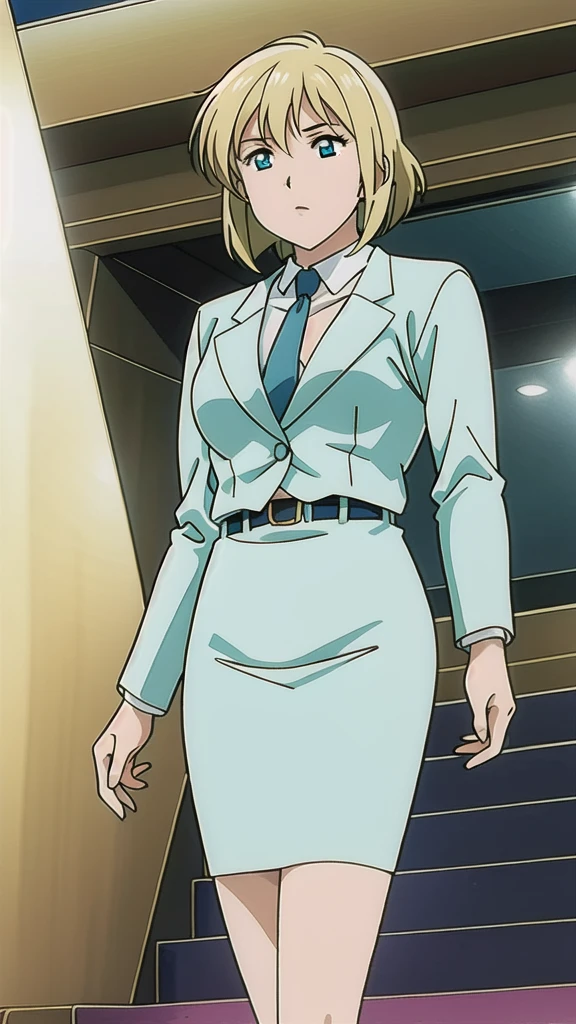 Blonde、 bob cut、Green Eyes、悲しface、 Full Body Style 、 normal breasts、 narrow waist 、Bare legs、 blue jacket ,襟付きshirt, shirt, yellow tie ,belt,,  Blue Mini Pencil Skirt, black tights，White pumps，My legs are slightly flabby， official art, Extremely High Definition CG Unity 8k Wallpaper,  full light, colorful , bright _ Front_face_Lighting,  shiny skin, ( masterpiece:1.0),(Highest_quality:1.0), 超 high resolution on down,4K,Ultra-detailed, photo shoot, 8k,  high resolution on down,  high resolution on down,  absurd:1.2,  Kodak Portra 400,  film grain,  blurry background, Bokeh:1.2,  lens flare , (Vibrant_ color:1.2), Professional photography,Anime Images、