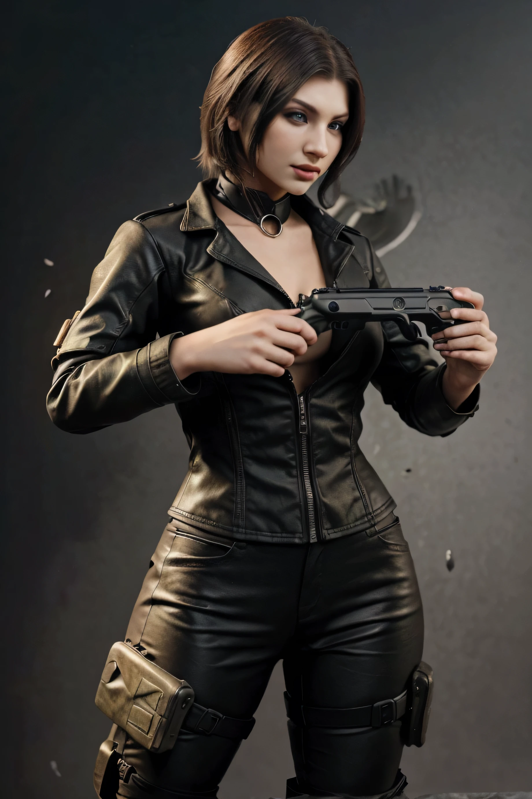 A beautiful 25-year-old British female vampire mercenary,with short black hair, Pale skin, Wearing a red leather jacket and black leggings, Armed with a double pistol, seen from the front, waist up shot, Dynamic pose, Ambient lighting, Photo realism, intricate face details, Intricate hand details, Highly detailed, Vibrant colors, Cinematic, High definition, Popular on art stations - original style --auto --s2