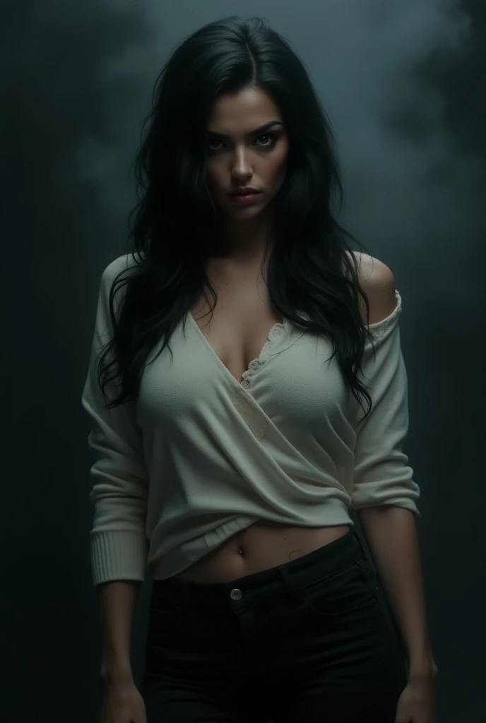35 years, 1 woman sitting and showing her feet，bare feet，single，focus on feet，Bblack hair，White Belly Tank Top，Black jacke，bangss, long hair，齐bangss, shorts jeans，anatomically correcte, breasts big(d), mellow，pretentious smile，Sweating on the soles of your feet，steam around the feet，eyes on the public，detailed back ground，in the dark torture room，Glamour background