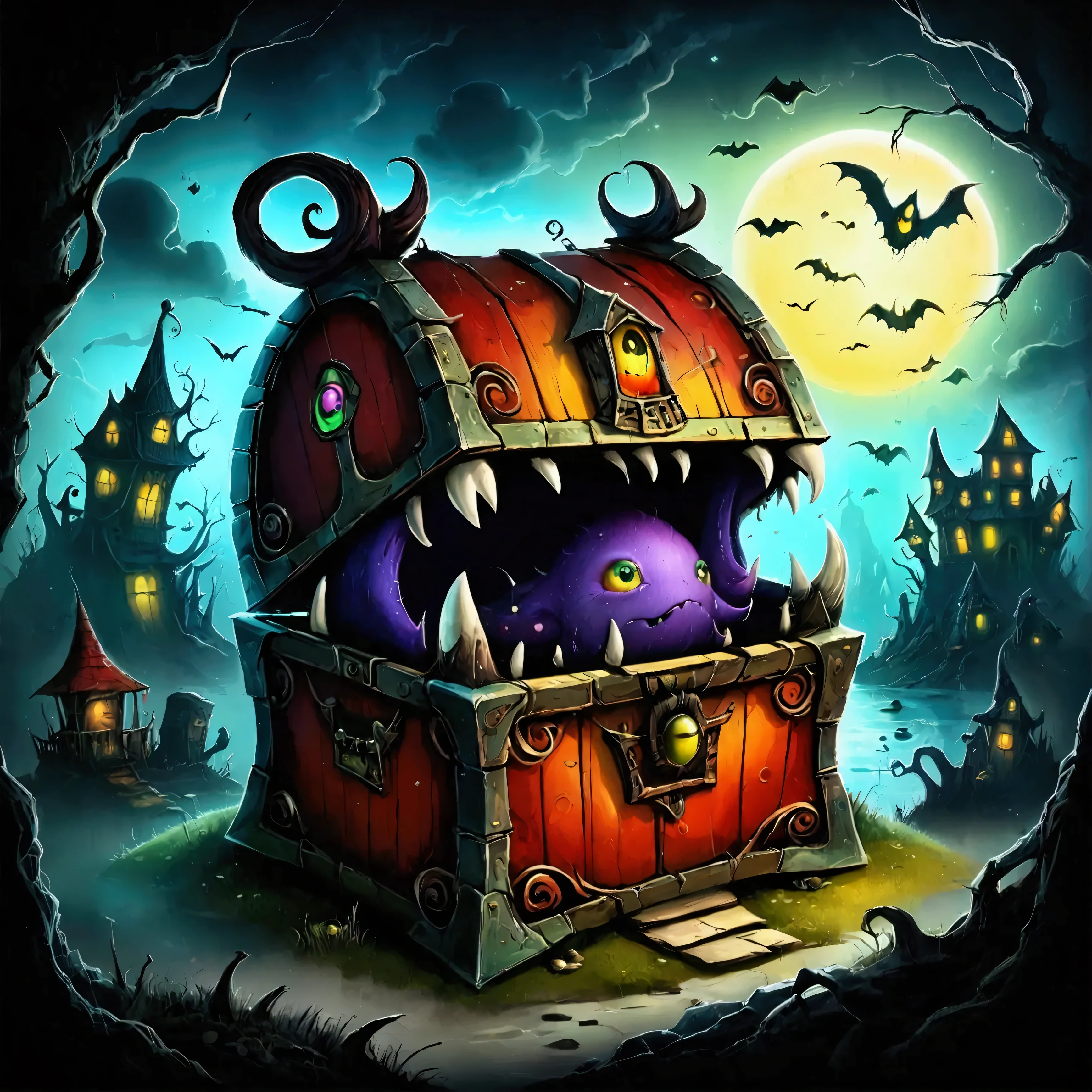 colorful treasure chest monsters , Artistically Expressed ,by alexander jansson　 style , Stunning beautiful work ,  character and landscape elements fit perfectly into the 、 picture frame, Detailed Realization ,  defining high quality , Expressive Face, Sharp Eye,(background:Haunted House),masterpiece, cute monsters 