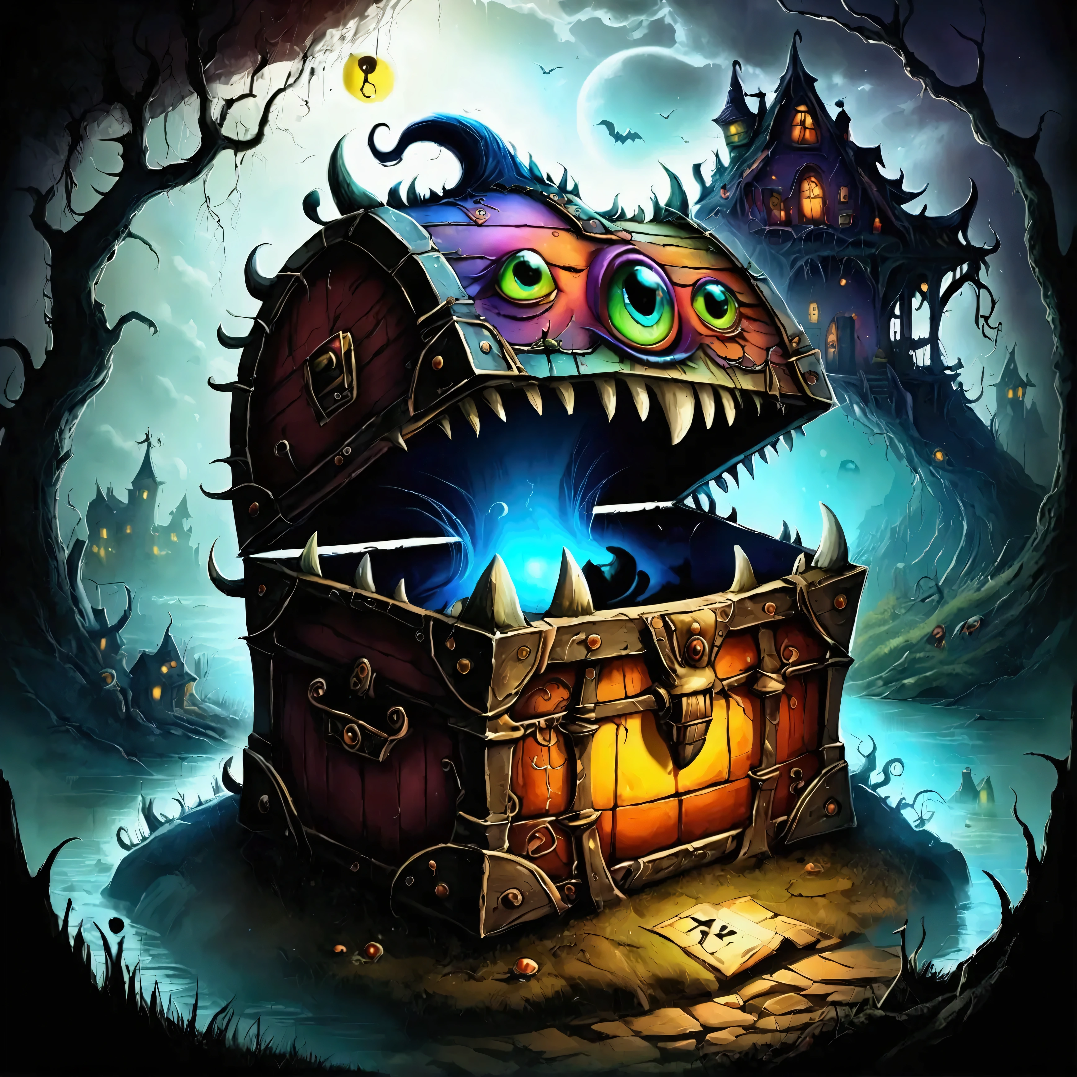 colorful treasure chest monsters , Artistically Expressed ,by alexander jansson　 style , Stunning beautiful work ,  character and landscape elements fit perfectly into the 、 picture frame, Detailed Realization ,  defining high quality , Expressive Face, Sharp Eye,(background:Haunted House),masterpiece, cute monsters 