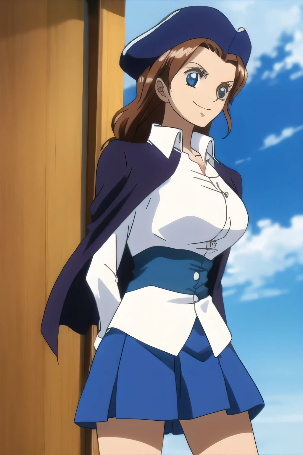 Ai shindou, 1girl, solo, long hair, floating hair, blue skirt, blue uniform, brown hair, long sleeves, blue sea eyes, staring to the side, smile, blue cape, pirate music hat, cowboy Shot, take a saber, ship on the sea, masterpiece, high quality, very_high_resolution, large_filesize, full color,