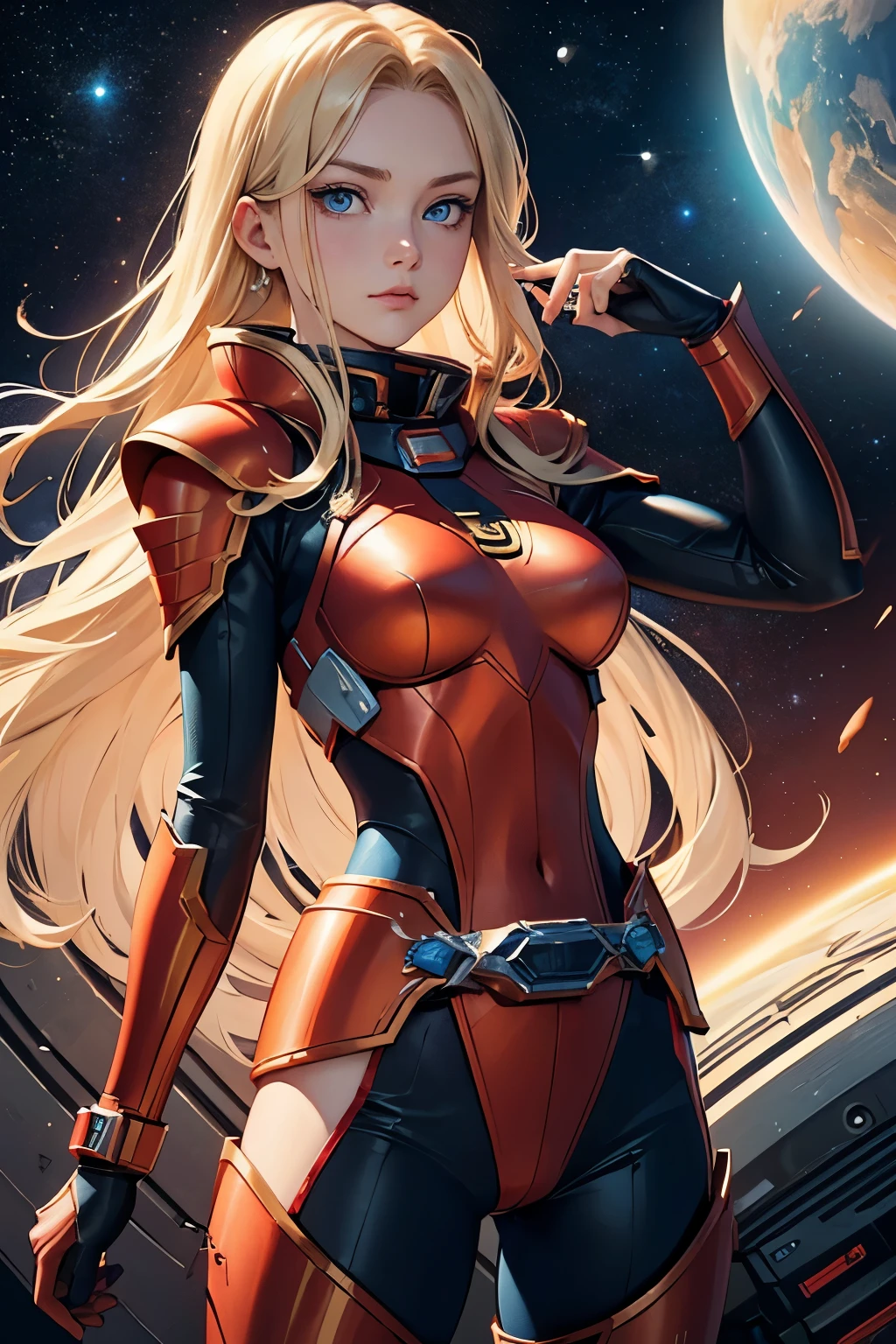 1girl,Alicia Viewsrtream, blonde hair, wavy hair, long hair,red lips,red impossible clothes,red elbow gloves,red thigh boots,cape,incredibly absurdres,Volumetric Lighting,moody lighting,thighs,realistic,reality,hetero,smug,fighting_stance, best quality:1.4, intricate details, sharp focus, highres, eleborate atmosphere:0.90, 8K, 4K, UHD, 32k UHD resolution, realistic photo, professional photography, Ultra Detailed 8K CG, ultra high res, High quality texture, High quality shadows, vivid colors, HDR, space station, windows, military officers,