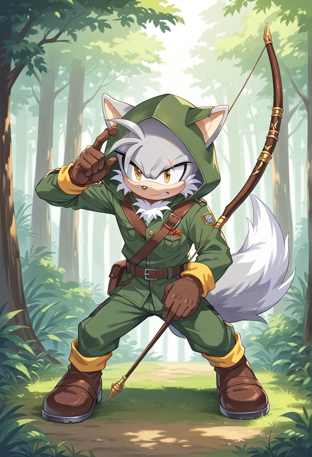 Male Wolf, ((Sonic character oc )), Male adult, ( silver fur in all body ), ( light gray inner ears ), (Alone), ( Short and messy hair ), forest, Left eye Blind , scar near the left eye that crosses the left eye diagonally, bow and quiver, con un hunter bow que utiliza como un Staff para ciegos, Archery, wears a hood pero no esta puesta en su cabeza, brown gloves with cut toes and boots, yellow Eyes, Day time, ((mobian)), moebius forest, ranger clothing, (Fluffy Fur), Large Fluffy Tail, serious and sexy pose listo para el combate, ropa desgastada