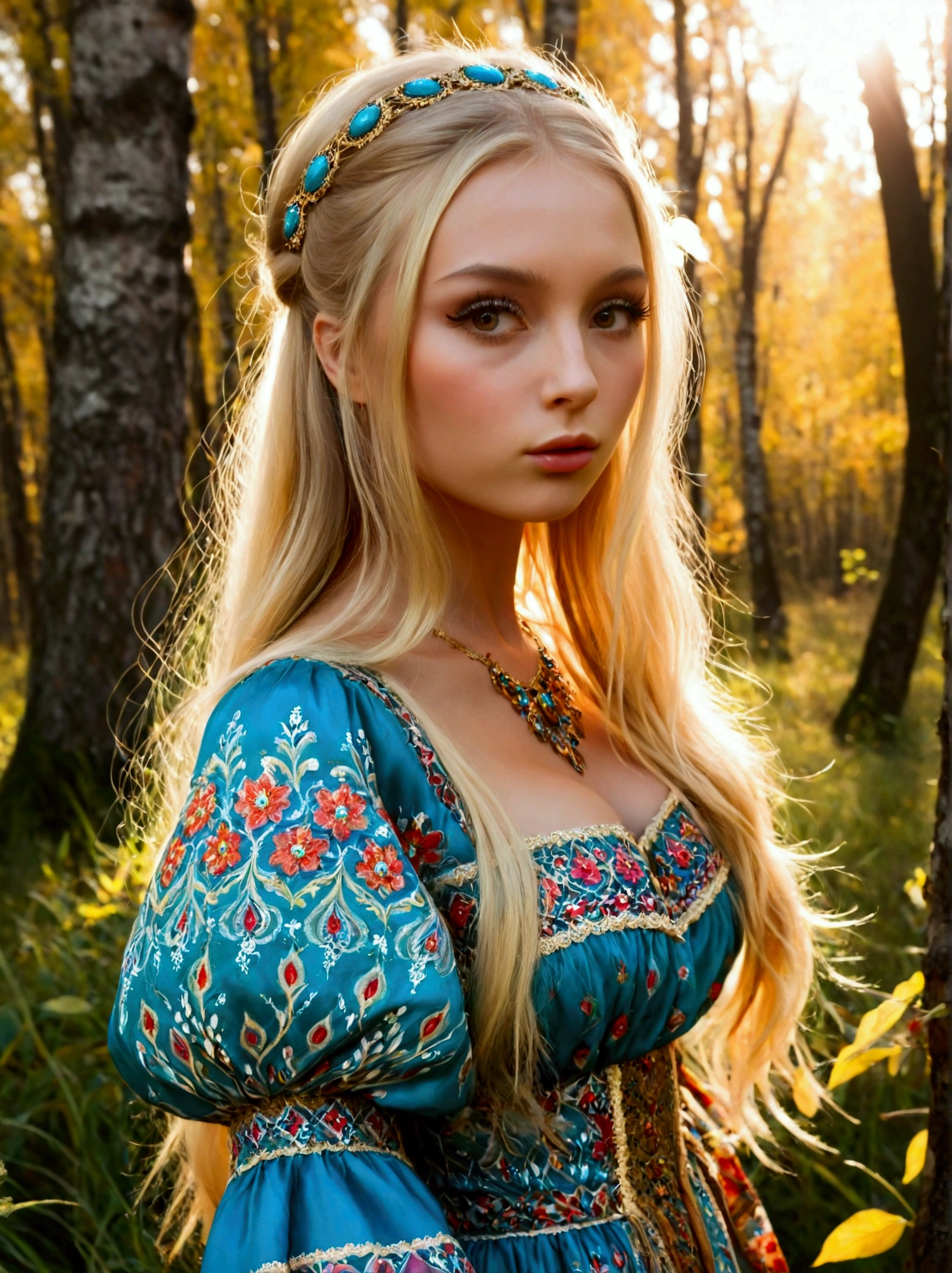 1girl, Vasilisa the Beautiful, Russian folklore, beautiful detailed eyes, beautiful detailed lips, extremely detailed face, long eyelashes, ornate traditional Russian dress, flowing blonde hair, standing in a forest clearing, warm lighting, detailed foliage, detailed trees, golden hour lighting, intricate floral patterns, vibrant colors, dreamlike atmosphere, (best quality,4k,8k,highres,masterpiece:1.2),ultra-detailed,(realistic,photorealistic,photo-realistic:1.37)