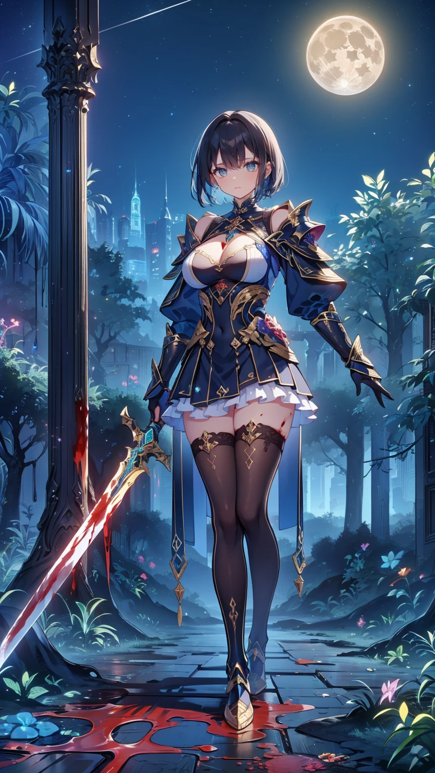 ultra-detailed, masterpiece, best quality, extremely detailed, anime, only one energetic girl , Full Body, battle, pastel color, bikini armor knight, short hair, two sword style, dark forest