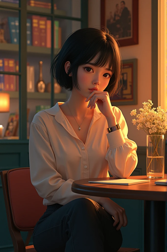 (1girl), (short wavy bob hair), beautiful detailed eyes, delicate face, wearing office attire, sitting next to a window in a cafe, she is looking out the window. It is raining outside, evening cityscape