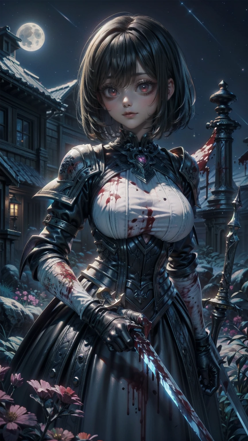 (masterpiece:1.2, best quality), (finely detailed beautiful eyes: 1.2), (detailed background,dark fantasy), (beautiful detailed face), high contrast, (best illumination, an extremely delicate and beautiful), ((cinematic light)), colorful, hyper detail, dramatic light, intricate details, (1 girl, solo,black hair, sharp face,low twintails,red eyes, hair between eyes,dynamic angle), (blood splatter:1.4), swirling black light around the character, depth of field,black light particles,(broken glass),magic circle,