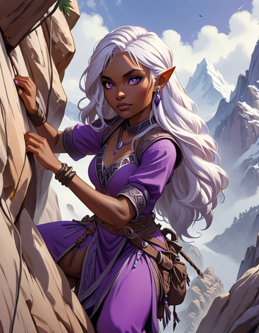 Close-up shot of a woman in a purple dress climbing a mountain,rock climbing，Brown skin，Skin details，White long hair，Palms resting on rocks，strength，solo，Pathfinder，Drow,，CG，Large game scenes