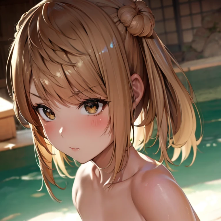 (dynamic angle),in the poolside, sitting, pale Light orange Hair, long hair, twintails, hair black ribbon, girl１, upper body, completely nude, (small nipples:1.2), (small areolas:1.2), kawaii, cute, pale purple eyes, (shy), (blush),evil smile,