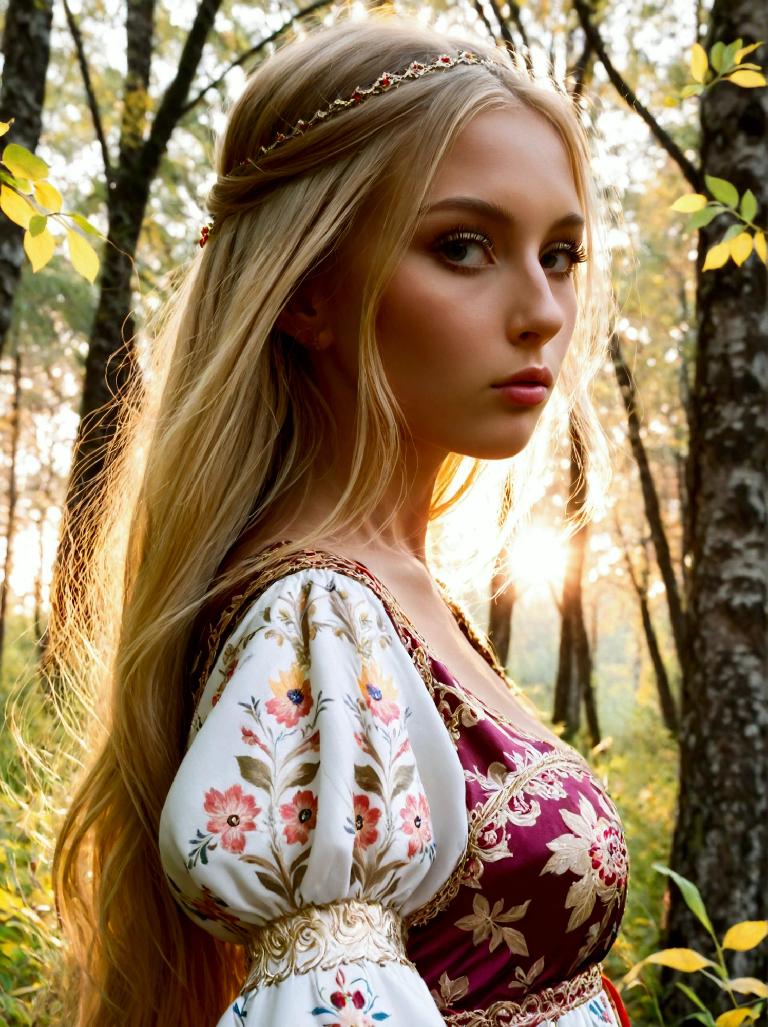 1girl, Vasilisa the Beautiful, Russian folklore, beautiful detailed eyes, beautiful detailed lips, extremely detailed face, long eyelashes, ornate traditional Russian dress, flowing blonde hair, standing in a forest clearing, warm lighting, detailed foliage, detailed trees, golden hour lighting, intricate floral patterns, vibrant colors, dreamlike atmosphere, (best quality,4k,8k,highres,masterpiece:1.2),ultra-detailed,(realistic,photorealistic,photo-realistic:1.37)