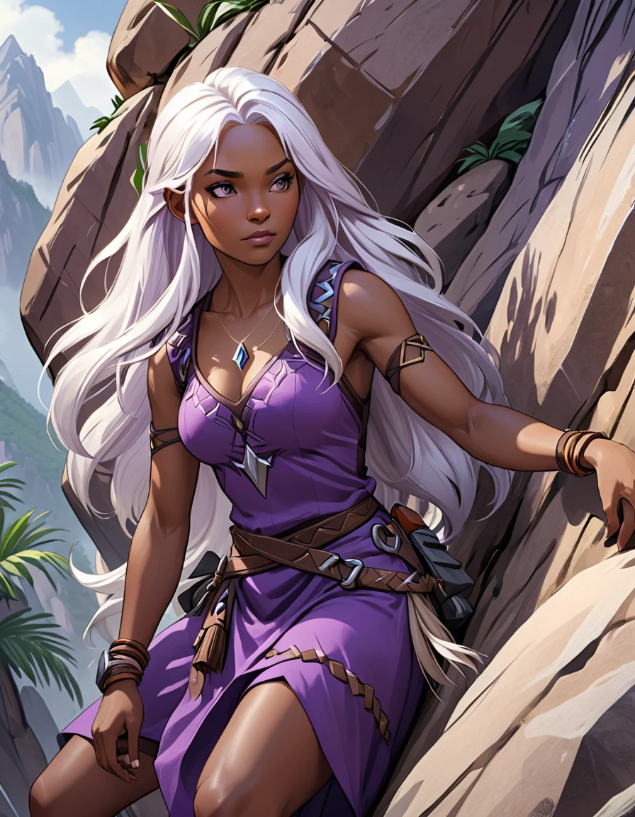 Close-up shot of a woman in a purple dress climbing a mountain,rock climbing，Brown skin，Skin details，White long hair，Palms resting on rocks，strength，solo，Pathfinder，Drow,，CG，Large game scenes