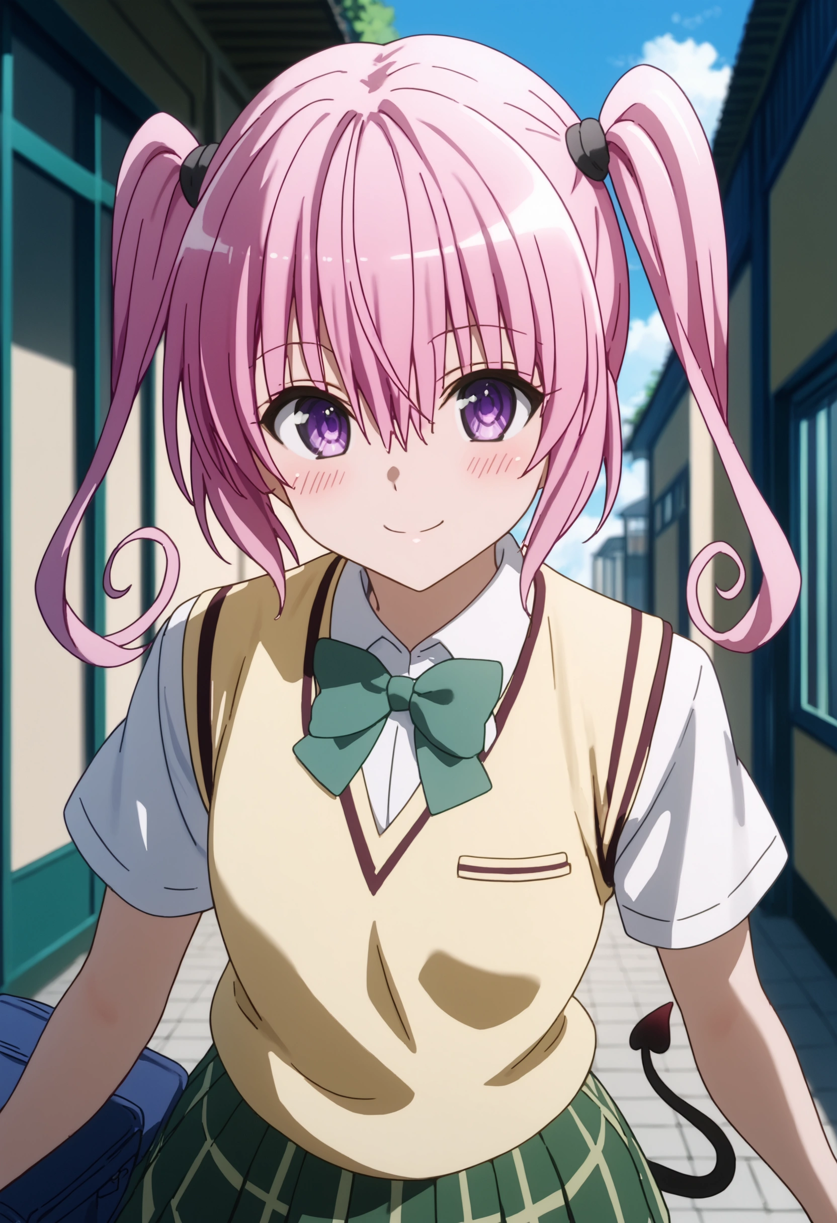 score_9,score_8_up,score_7_up,solo,outdoors,upper body,(portrait:1.5),looking at viewer,facing viewer,smile,blush,Nana Astar Deviluke,long hair,pink hair,twintails,hair between eyes,bangs,purple eyes,school uniform,sweater vest,yellow vest,white shirt,collared shirt,green bowtie,short sleeves,flat breasts,miniskirt,green skirt,plaid skirt,pleated skirt,tail,black socks,loafers