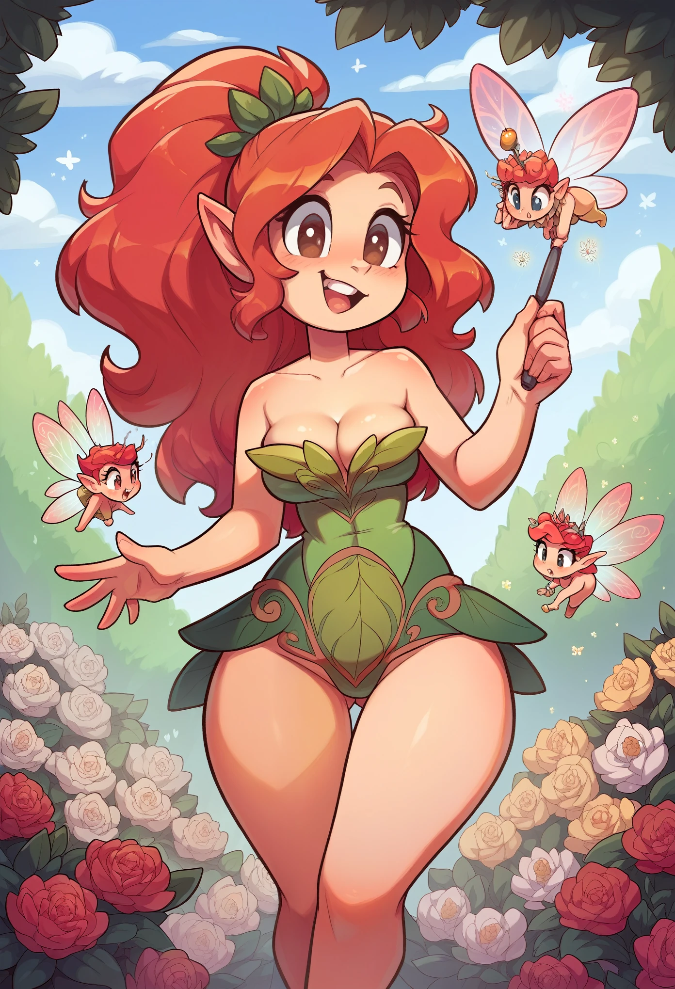 A delicate small fairy, holding a magic wand, using magic on a giant red group of flowers, cleavage, great hips, C-cups, Cute breasts, shapely figure,