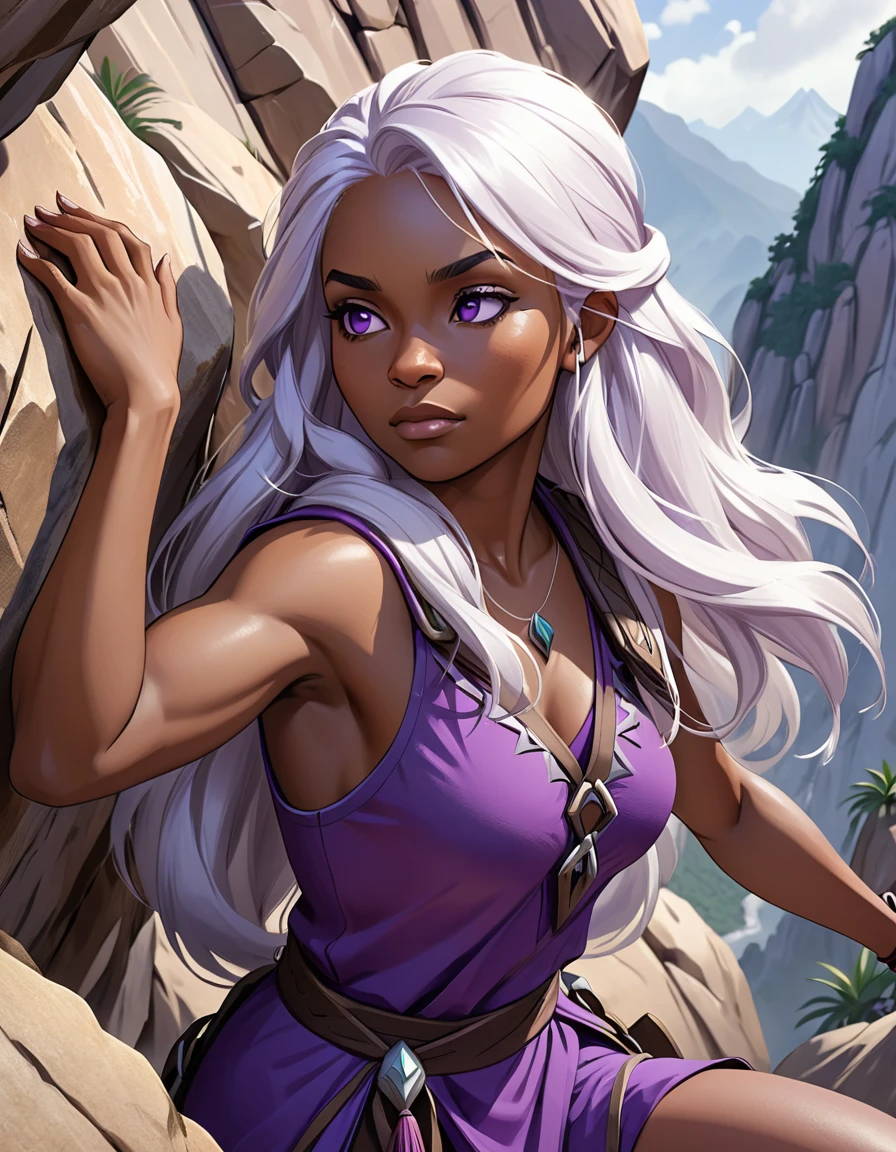 Close-up shot of a woman in a purple dress climbing a mountain,rock climbing，Brown skin，Skin details，White long hair，Palms resting on rocks，strength，solo，Pathfinder，Drow,，CG，Large game scenes