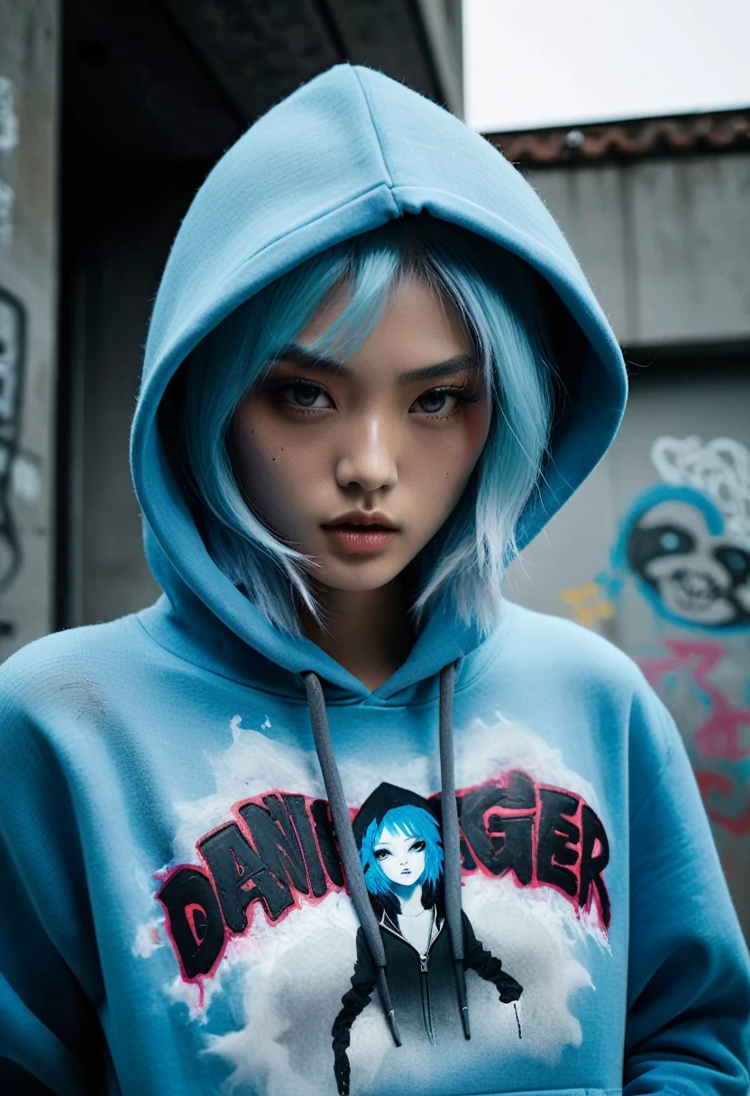  Highly detailed realistic scenes , Volumetric Lighting,   shot by Alessio Albi ， Beautiful Asian fashion model with light blue hair, light guy blue eyes in a hoodie with a small smile，Engraved on it  "Danger",Graffiti style graphics ，  Ethereal dreamy mist ,  High fashion portraits of  ,  Editorial fashion magazine photography , Fashion pose,  Standing in front of brutalist buildings . relatives magazine. Film Grain.