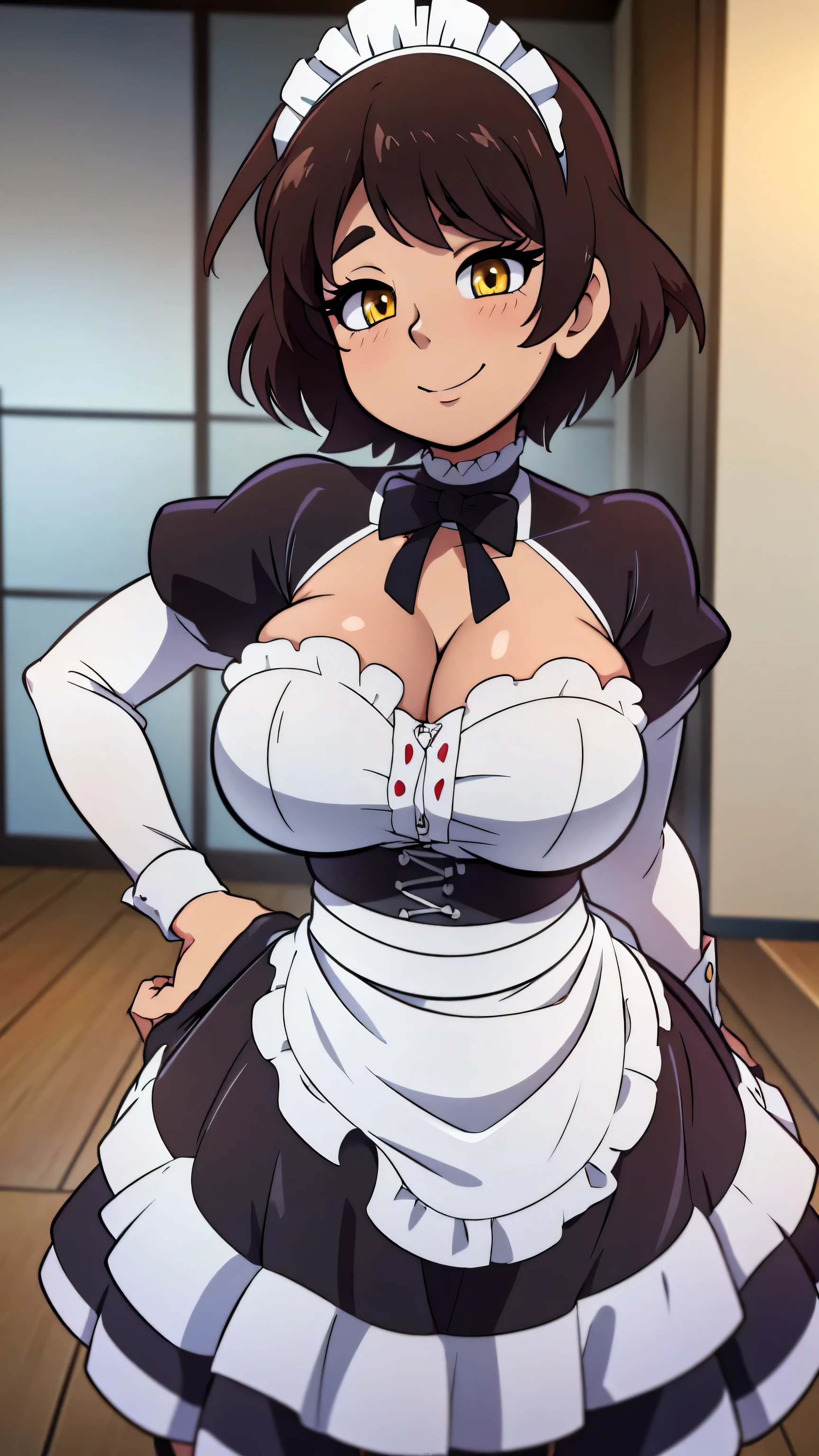 A happy maid woman beautiful big breast beautiful sexy cute attractive big dark brown hair disheveled cut her light yellow eye big lashes dresses black maid top shows her navel and dresses maid skirt black metallic