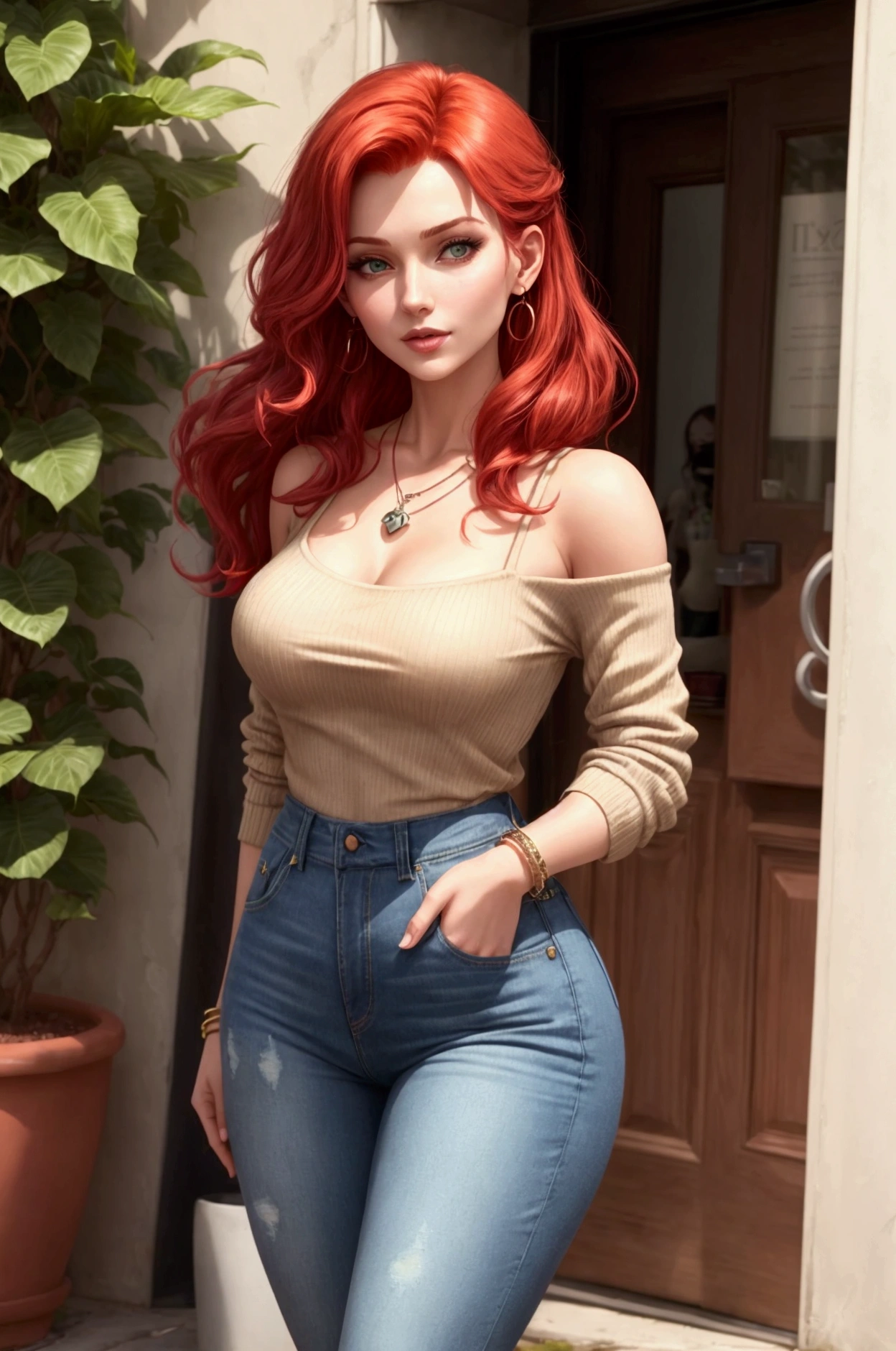 beautiful pale girl with super curly short red hair, soft skin, long bell-bottom jeans, tiny midriff, open overshirt, hip sway