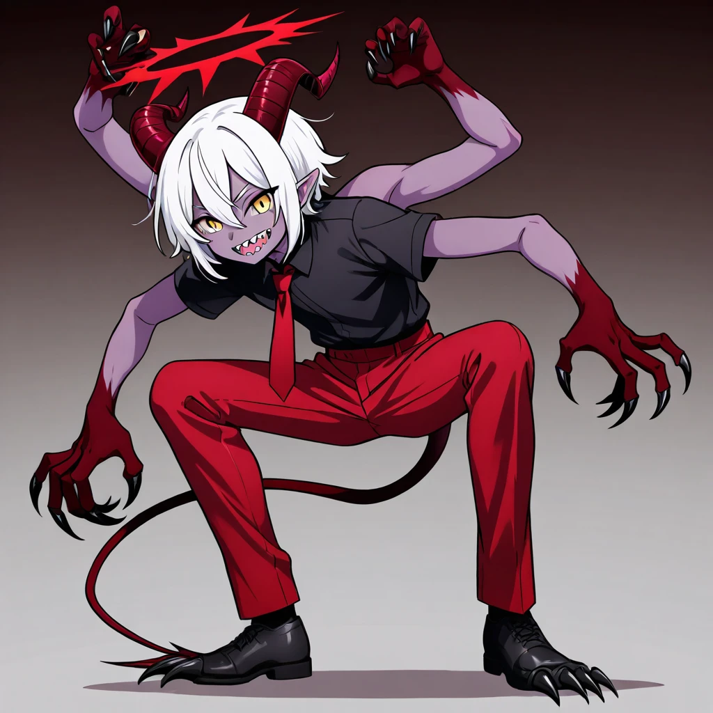  A Purple-skinned Teenager ,  with bristling white hair and golden eyes .  His body is androgynous , with demon's tail ,  sharp teeth, claws,  horns and a blood-red halo over his head. has four arms.  He wears a black shirt with a red tie and red pants 