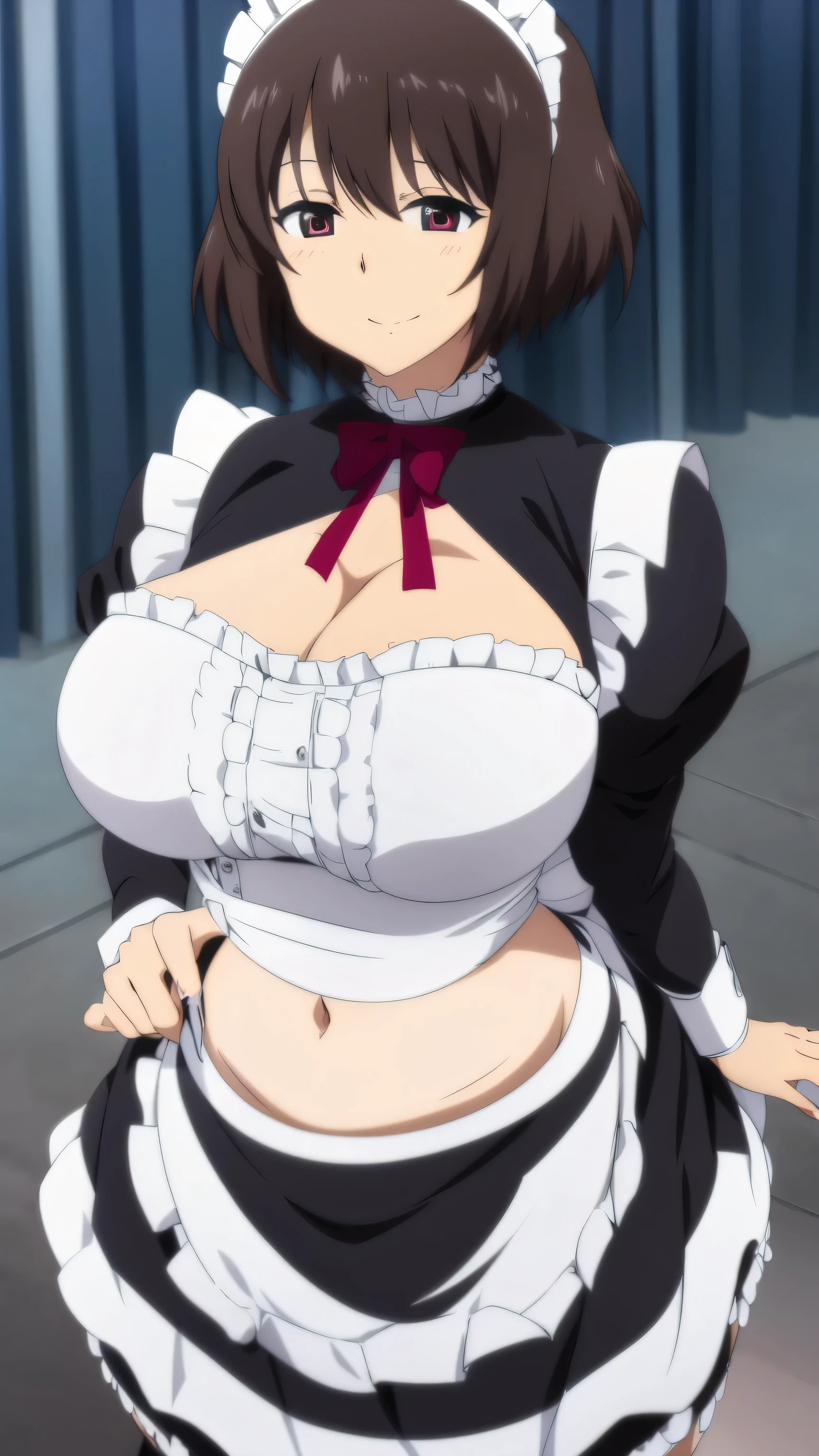 A happy maid woman beautiful big breast beautiful sexy cute attractive big dark brown hair disheveled cut her light yellow eye big lashes dresses black maid top shows her navel and dresses maid skirt black metallic