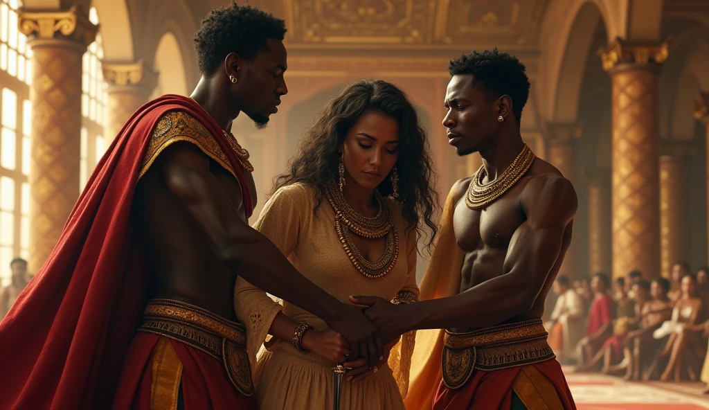 Generate a powerful and historically inspired image of Queen Nzinga facing a black man. Envision the scene with Nzinga in regal attire, exuding strength and leadership. Capture the interaction between Queen Nzinga and the black man, emphasizing their mutual respect or engaging in diplomatic dialogue. Pay attention to details such as traditional clothing, cultural elements, and facial expressions that convey the historical and cultural context. Use rich colors and textures to enhance the regality and authenticity of the setting. Craft an image that brings to life a moment of significance and dialogue between Queen Nzinga and the black man.