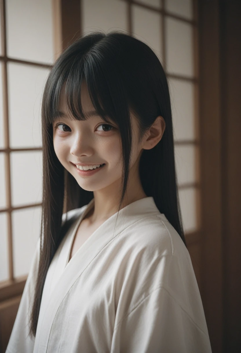 Japanese,miko,black hair,flat chest,smile,upper body