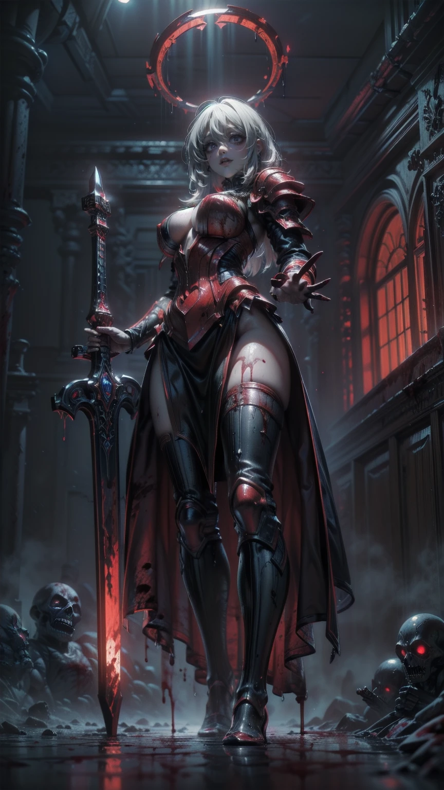 a woman in a red dress holding a sword and surrounded by zombies, holy cyborg necromancer girl, goddess of death in a graveyard, castlevania witch, zenescope, necromancer sorceress, cushart krenz key art feminine, villainess, beautiful necromancer girl, female necromancer, drow, goddess of death