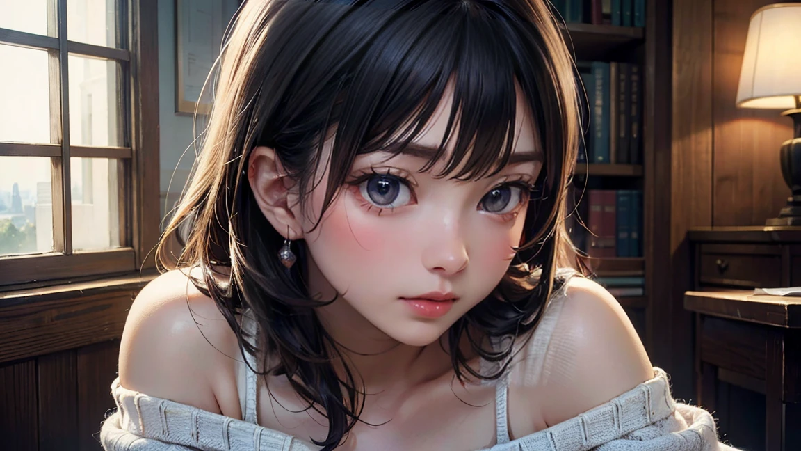 (masterpiece:1.2, Best Quality), (Realistic, photoRealistic:1.4),  beautiful illustration, (perfect lighting, Natural Light),  The Depth of Written Boundaries,  beautiful detailed hair from the crotch gap,  Beautifully Detailed Faces,  Attention to Beautiful Details, Beautiful clavicle, Beautiful body, Big Breasts、Ｅcup、Beautiful breasts,  beautiful thighs in books,  beautiful legs with tails,  beautiful hands, Idol Face、 Japanese、  viewers, 1 person,  High School Girl ,  perfect face,  cute and symmetrical face with a deep slouching,  growing skin  , ( random hair、  random hairカラー), Split bangs, Emerald green eyes, Long eyelashes, (  medium chest with open valley ,  THICK THIGS ),  sexy、virgin killer knit( Detailed Fabric Textures ,  Off Shoulder, white、sweater:1.4, ,  dress,  bottomless) Will Steal Everyone's Heart 、Expressions and Poses 