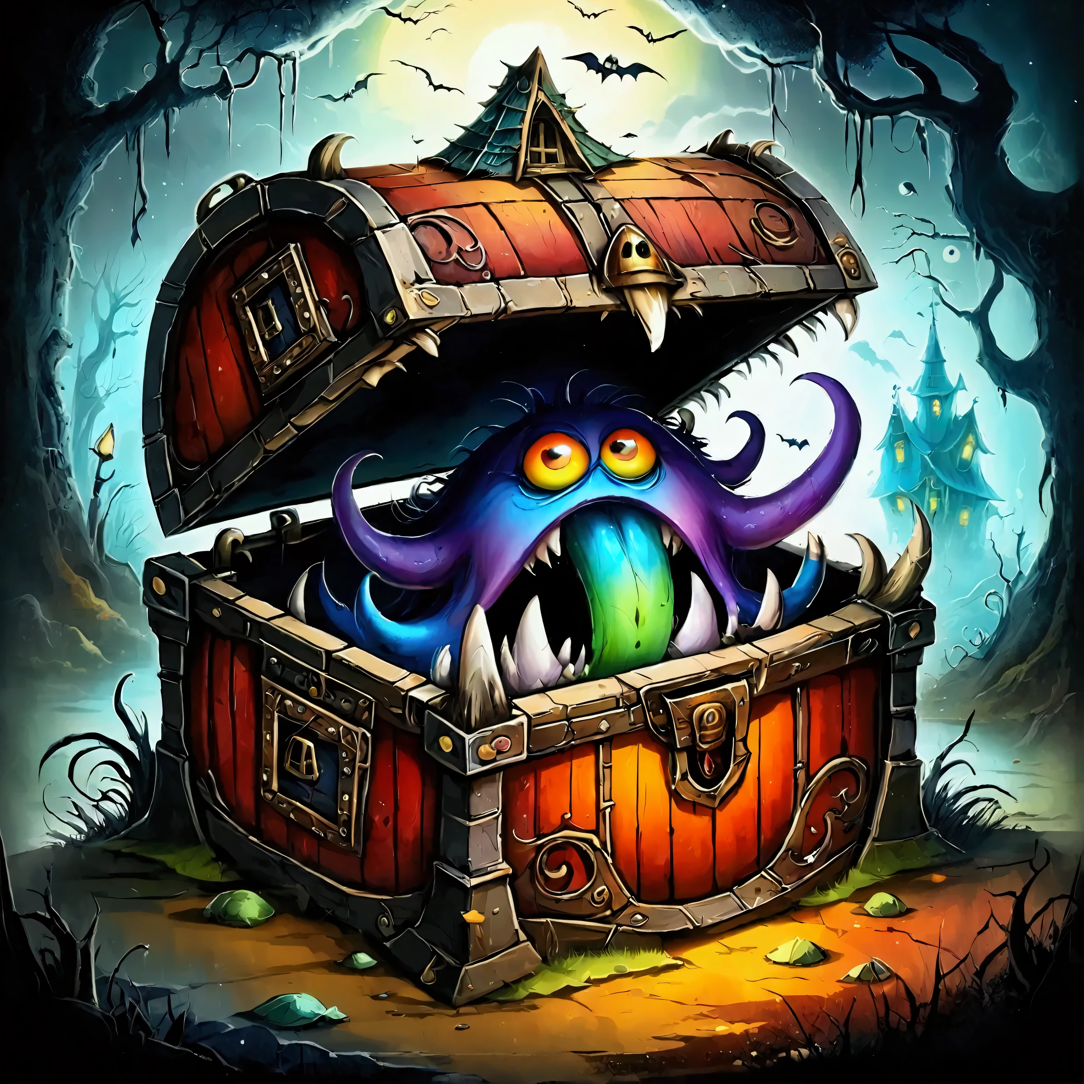 colorful treasure chest monsters , Artistically Expressed ,by alexander jansson　 style , Stunning beautiful work ,  character and landscape elements fit perfectly into the 、 picture frame, Detailed Realization ,  defining high quality , Expressive Face, Sharp Eye,(background:Haunted House),masterpiece, cute monsters 