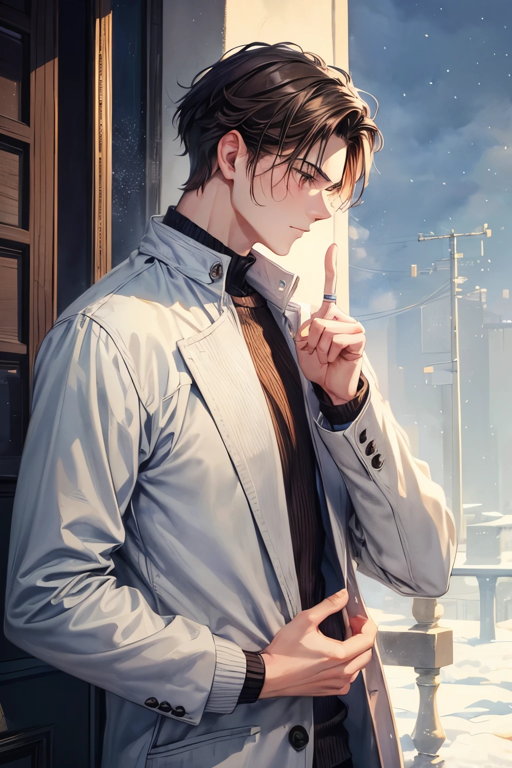 Artwork of a 20 year old male in casual winter clothing. A beautiful profile, (slightly cold and calm expression) exudes the air of a man waiting for his lover. The background is soft, ((a dreamy watercolor landscape)) ((reminiscent of a masterpiece by a famous watercolor painter)). The overall aesthetic should be very detailed with natural brown hair, textured fabric, subtle shading, intricate patterns and (((correct finger structure))).