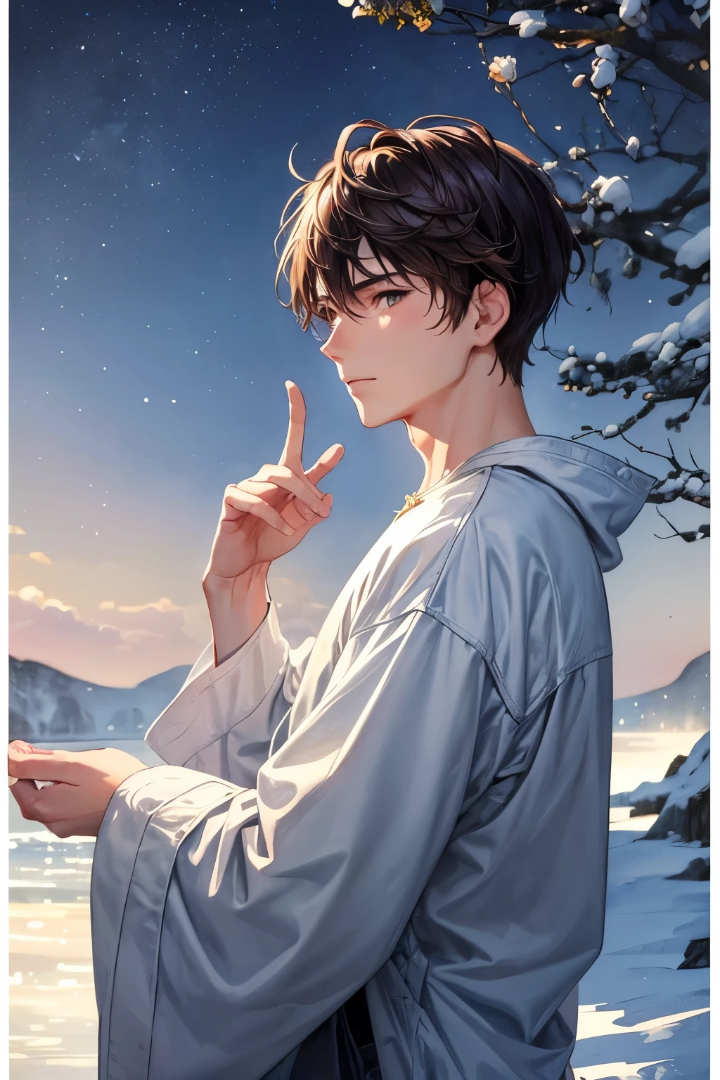 Artwork of a 20 year old male in casual winter clothing. A beautiful profile, (slightly cold and calm expression) exudes the air of a man waiting for his lover. The background is soft, ((a dreamy watercolor landscape)) ((reminiscent of a masterpiece by a famous watercolor painter)). The overall aesthetic should be very detailed with natural brown hair, textured fabric, subtle shading, intricate patterns and (((correct finger structure))).