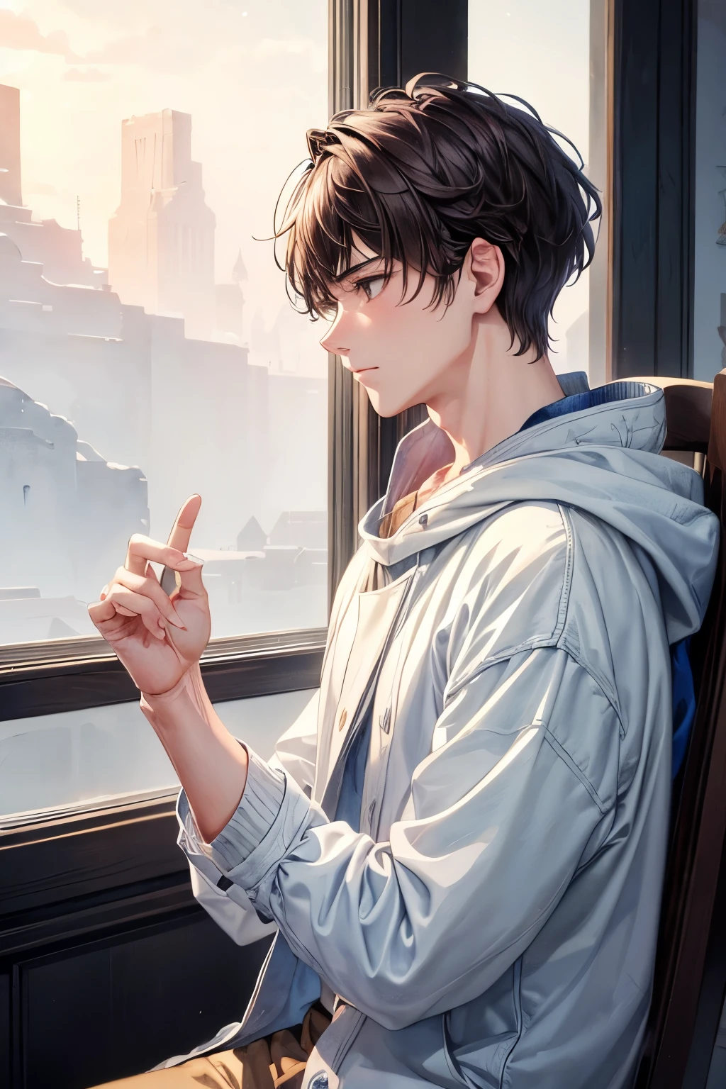 Artwork of a 20 year old male in casual winter clothing. A beautiful profile, (slightly cold and calm expression) exudes the air of a man waiting for his lover. The background is soft, ((a dreamy watercolor landscape)) ((reminiscent of a masterpiece by a famous watercolor painter)). The overall aesthetic should be very detailed with natural brown hair, textured fabric, subtle shading, intricate patterns and (((correct finger structure))).