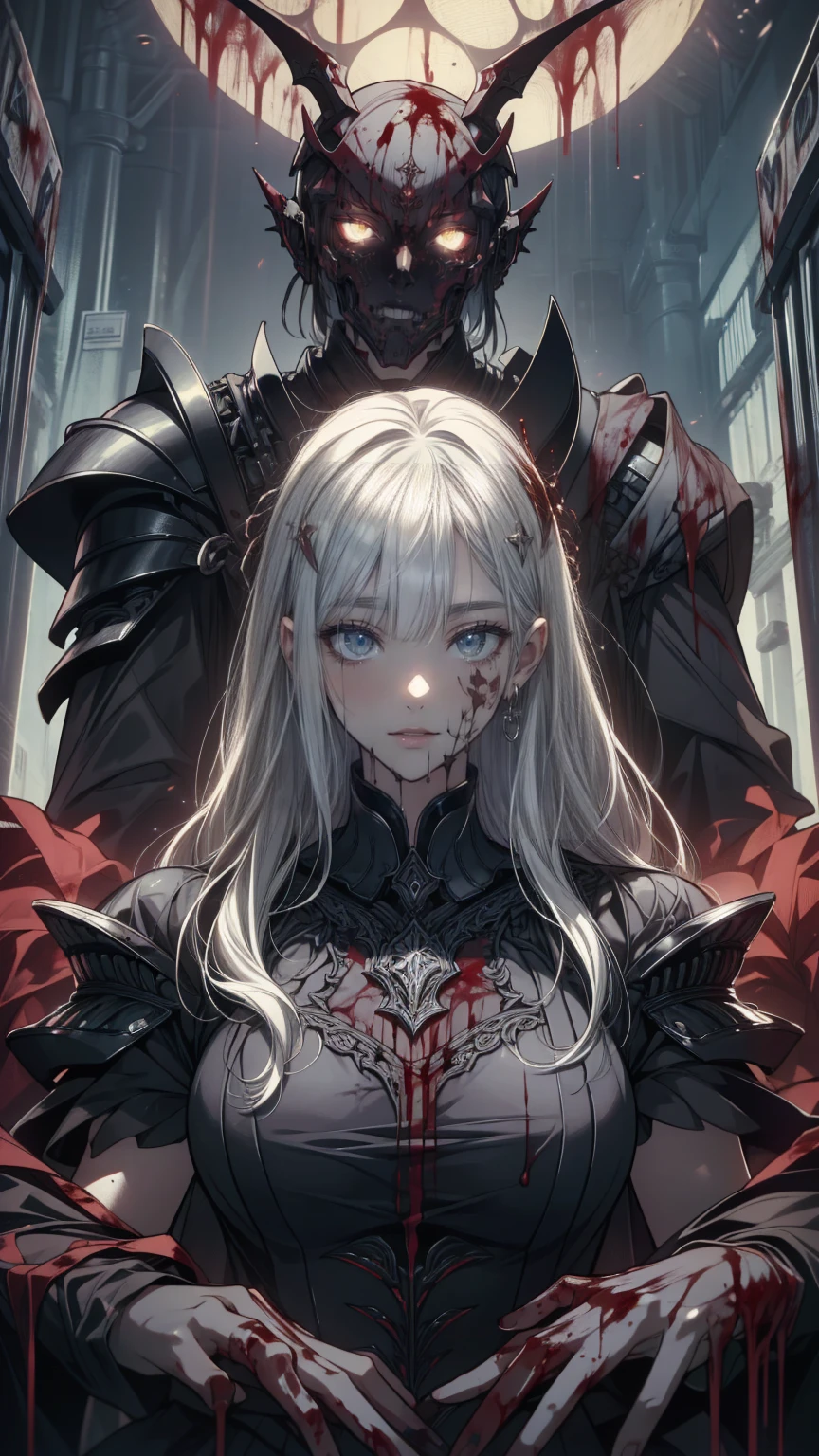 girl,黑色Face masks,Looking into the distance from the castle,alone,masterpiece,Highest quality,Gray Hair,Golden Eyes,Darkening,dark,Shadow Thing,douchebag,sneer,Looking down,Black Shadow,Black viscous liquid,dark,Black belly,Stable,Face masks,Cape,girl,masterpiece, Highest quality, Highest quality,wonderful,Beautiful red eyes,Exquisite detail,Depth of written boundary,Highly detailed CG synthesis 8k wallpaper, masterpiece,(((dark Gray Hair))),leader,(dark mist),{Flowing Hair},{Thick skull},(Beautiful details of the ruins),{Character close-up},(((whole body))),(The skin is smooth and shiny),(Smooth face、Shiny Hair),Perfect detail,Beautifully decorated medal, Holding a knife, (Blood splatter:1.7)