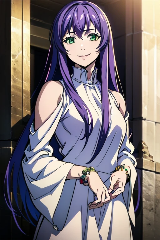 sasha, purple hair, long hair, green eyes, white dress, wide sleeves, bare shoulder, long sleeves, long dress, jewelry, bracelet, clothing cutout, shoulder cutout, 1girl, solo, facing viewer, looking at viewer, upper body, smile.