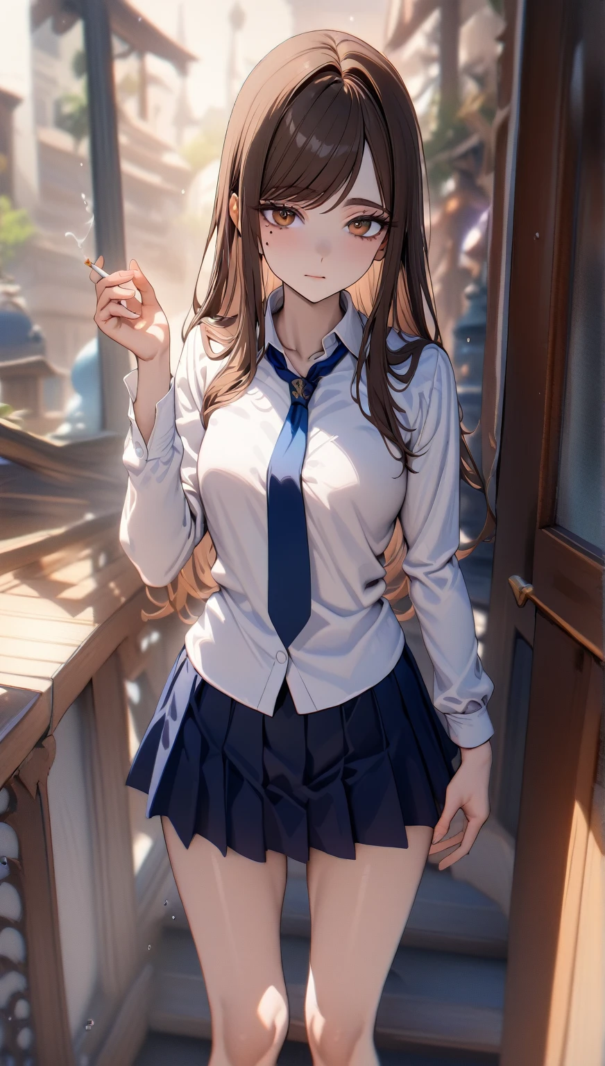 half-body, feet out the frame, standing, 1girl, Ieiri Shoko, solo, closed mouth, mole under right eye, expressive brown eyes, brown hair, long hair, swept bangs, chill, slender, perfect hand, school uniform, white shirt with blue necktie, marine skirt, (detailed beautiful face and eyes), HDR, absurdres, highres, ultra detailed, Jujutsu Kaisen, holding a cigarette, simple background, (masterpiece, 8k, best quality:1.3)