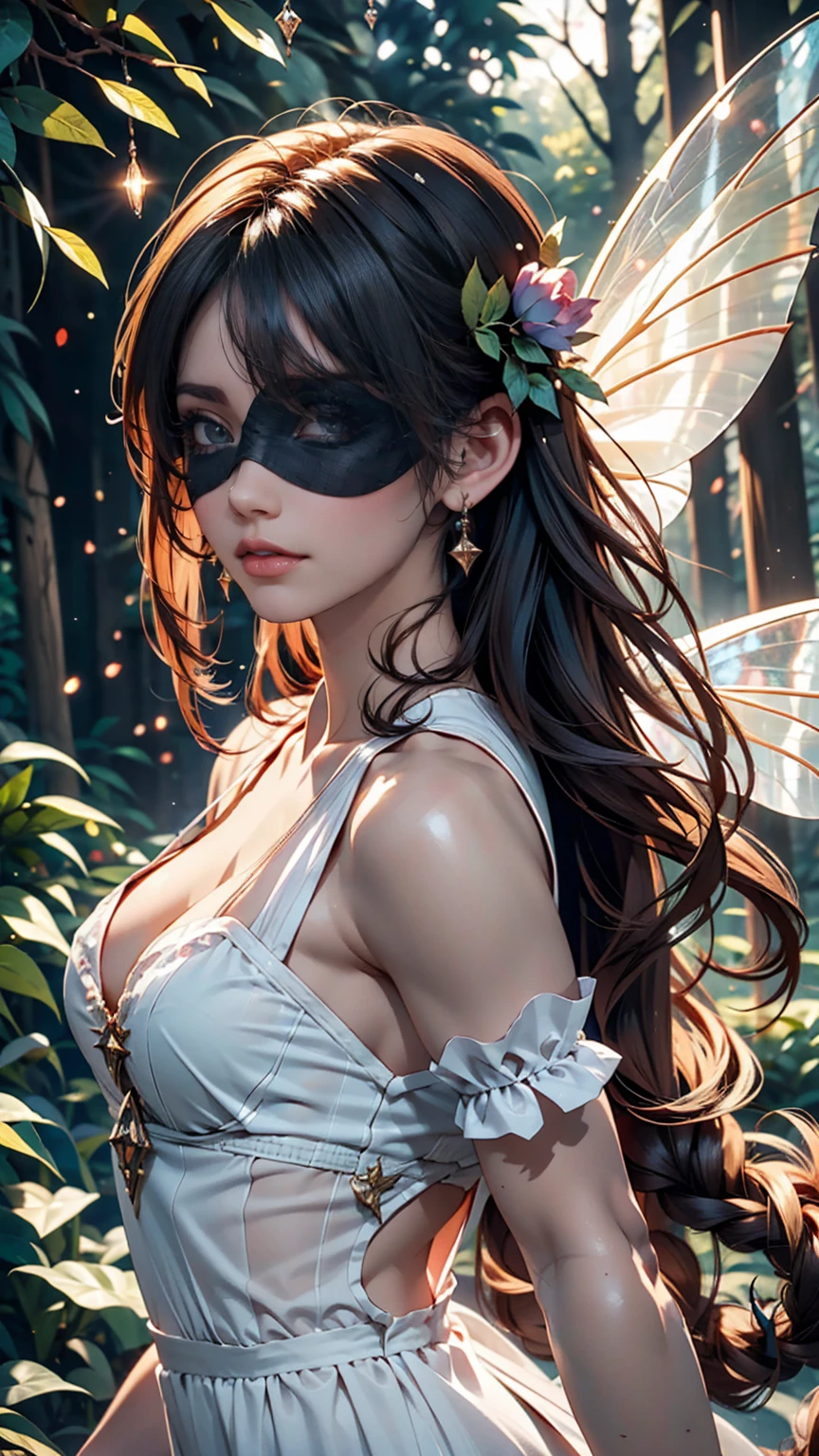 masterpiece, 1 Fairy, Flying fairy girl, Perfect Face, Light, Glass Tree Forest, Dramatic lighting, Blindfold, Super detailed, floating glow Lights, Depth of written boundary, (Shining Dust)