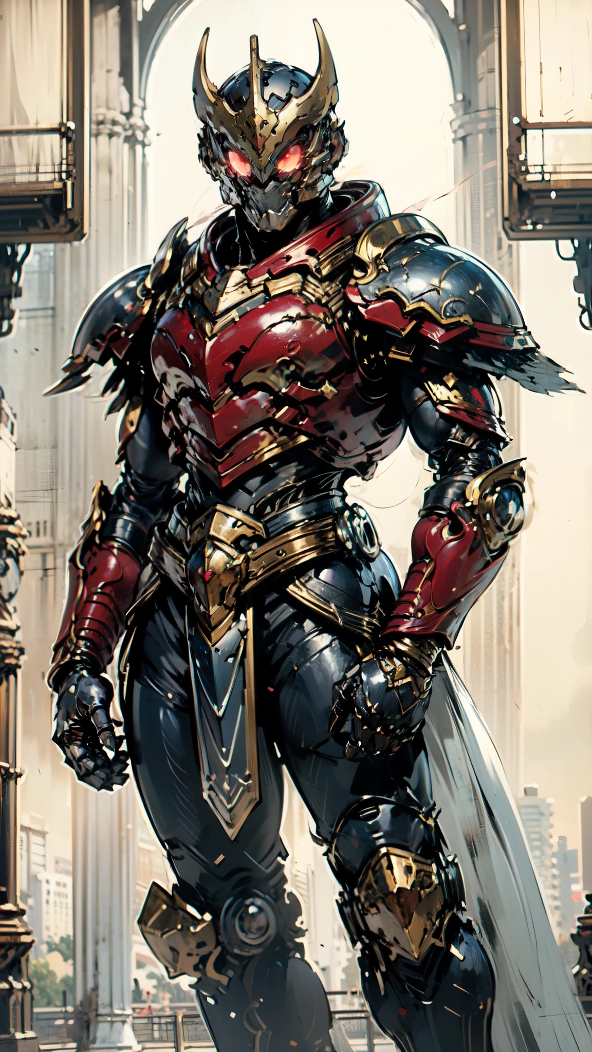 (masterpiece:1.5, best quality:1.5, extremely delicate:1.5), ((male:1.5)), a man wearing a full-face helmet, green eyes, fantasy-style high-tech biomimetic armored combat suit, (a composite layered chest armor), the design balances heavy with agility, fully enclosed shoulder guards, matching arm and leg guards, a belt of gemstone, (the color scheme is primarily Red with Blue and White accents, Organic Biotech, Concept Inspired by Lionheart, glowing eyes, armor glows, stand of a futuristic sci-fi city), this character embodies a finely crafted fantasy-style armored hero in anime style, exquisite and mature art style, metallic, high definition, highres, ultra-detailed, ultra-fine painting, professional, perfect body proportions, golden ratio, anatomically correct, symmetrical face, extremely detailed eyes and face, high quality eyes, creativity, RAW photo, UHD, 32k, Natural light, cinematic lighting, masterpiece-anatomy-perfect