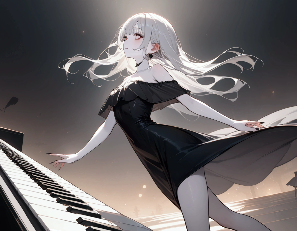  big piano key \white keyboard \ black keyboard \,  girl walking on a big keyboard,  white skin,  black dress, Walk sideways:1.5,  black background, Decadent,  dark and lonely atmosphere , Big white ♪\♬\Floating in the air, (retina, masterpiece, high details, best quality,  highres icon, high quality)