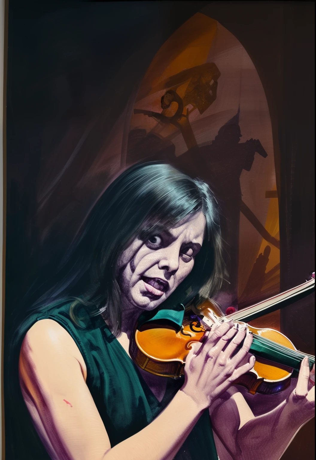 a poster of a man playing a violin with a face of fear and panic in the background a figure in the shadows