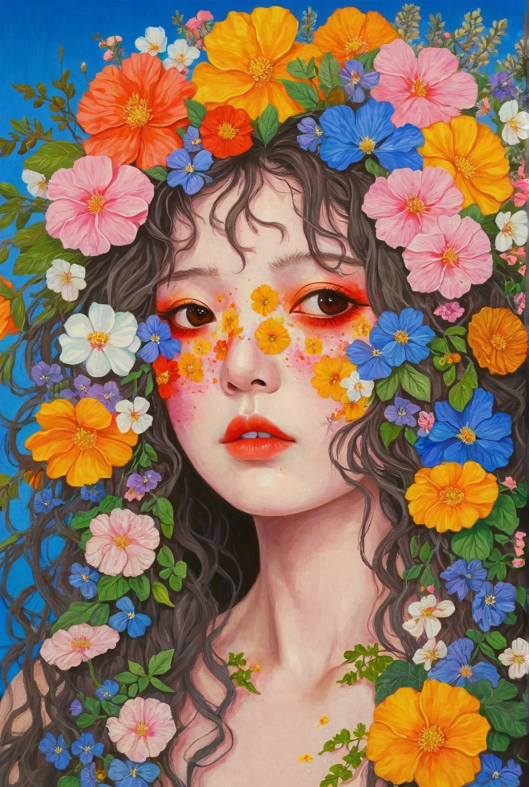 a painting of a woman with flowers in her hair, a digital painting by Ayami Kojima, tumblr, aestheticism, girl with a flower face, trending on artstration, beautiful aesthetic art, covered with flowers, flowers covering eyes, girl with a flower head, girl in flowers, colorful aesthetic, covered in flowers, aesthetic portrait, with flowers