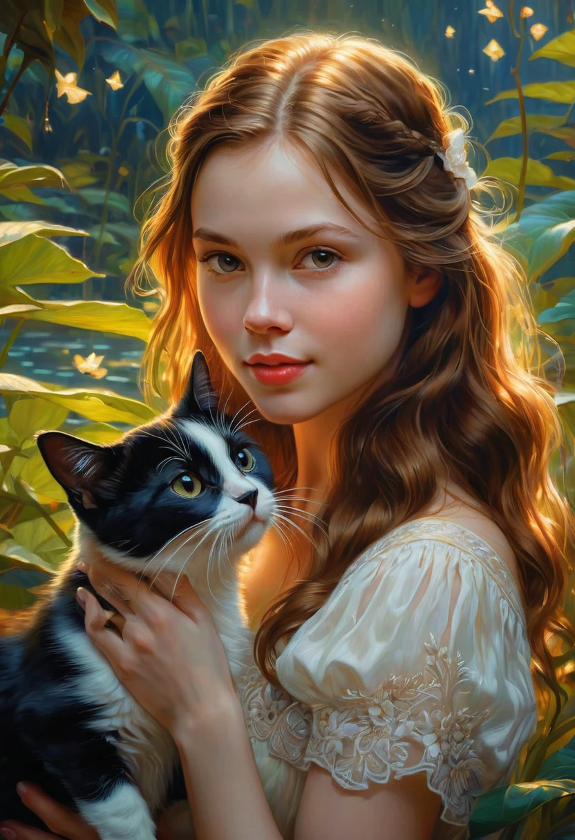 1girl, designed by thomas kindkade, alphonse mucha, loish, peter chung and norman rockwell, Cinematic still, intricate background, soft focus of a [Abyssinian Cat| Chimera], the Abyssinian Cat is very Pretty, Dota style, Light streaks, dramatic
