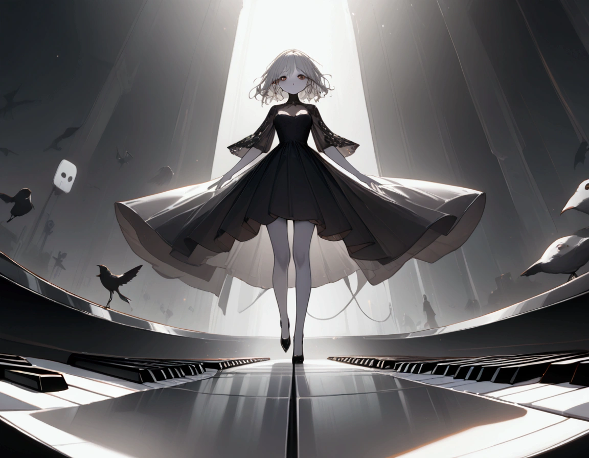  big piano key \white keyboard \ black keyboard \,  girl walking on a big keyboard,  white skin,  black dress, Walk sideways:1.5,  black background, Decadent,  dark and lonely atmosphere , Big white ♪\♬\Floating in the air, (retina, masterpiece, high details, best quality,  highres icon, high quality)