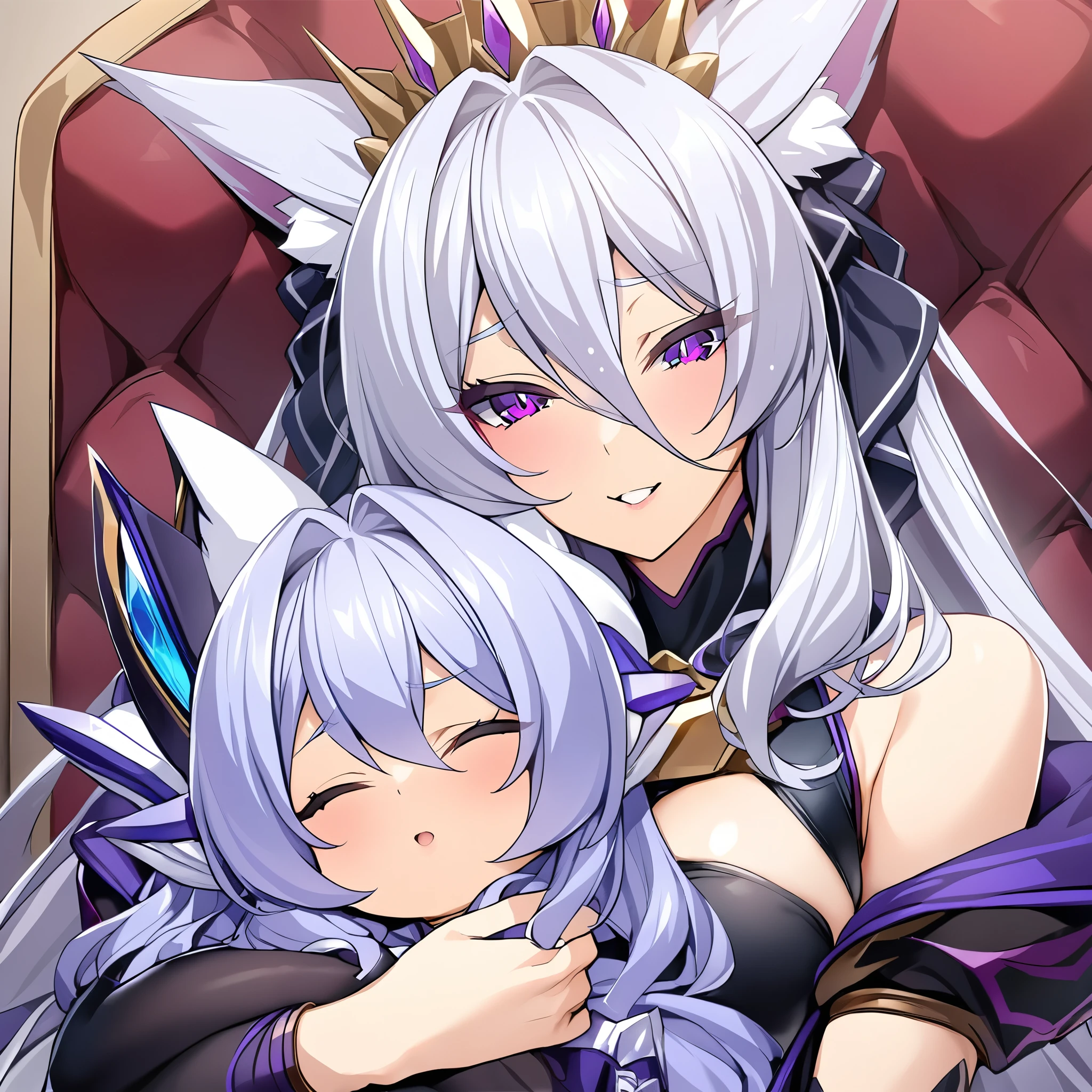 ((Best Quality)), ((masterpiece)), ( Details), ( perfect face)、A woman is a baby's exia, Baby with fox ears , an evil transformation heroine , 中くらいの長さのSilver Hair, Beautiful accessories , Engagement Rings, and a happy expression snuggling up to the Queen .、The Queen is evil , Silver Hair, holding a woman in a black ,