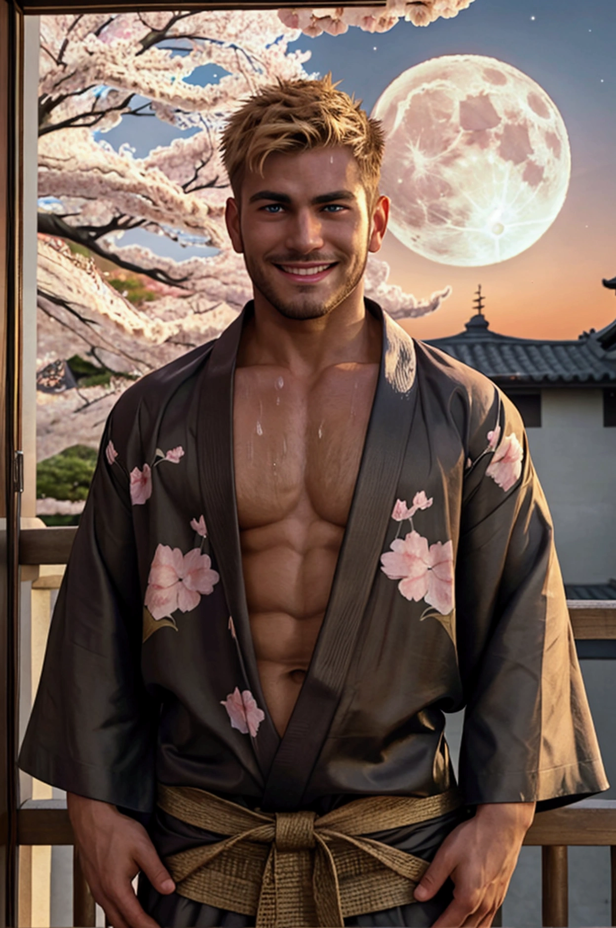 Best Quality、Super detailed、 masterpiece、  muscular man、The perfect man、Perfect Eyes、  perfect body 、Big body、 There are 5 people around the same age  、 Wearing a yukata、Hairy、Tattoo on chest、 Brown Skin、blonde、 Black Hair 、 short hair、sweat、smile、Balcony、 Knight 、full moon、cherry blossoms、A broad perspective、full body