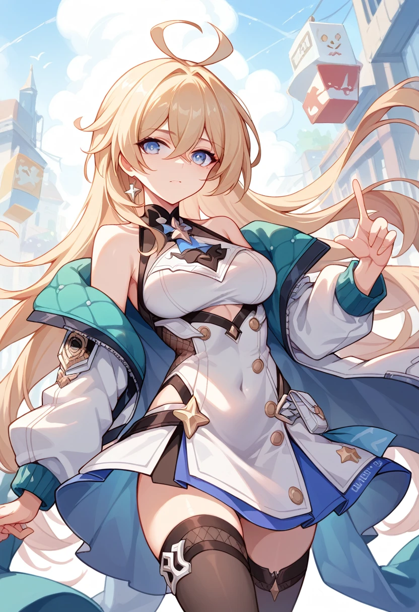 Wear a bikini、Wearing a hat and a sword, Put on your headphones,(masterpiece, best quality) detailed,silver accessories , Blonde ,elegant, Pointed ears ,White shirt,Tights,Double tail,Waist-length hair,Smile,star decoration