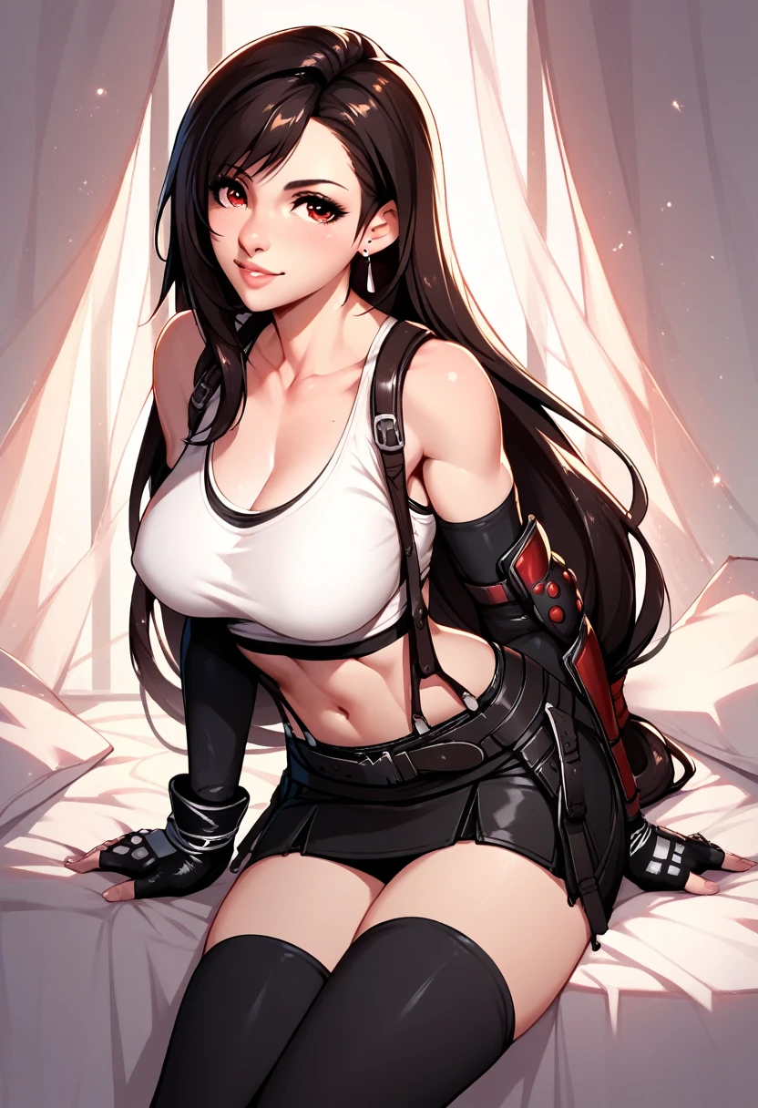 (Masterpiece, Top Quality, High Quality, Hi-Res), 1 Girl, Very Beautiful Detailed Face Tifa, Tifa Lockhart, Final Fantasy, White Crop Top, Elbow Pads, Fingerless Gloves, Suspenders, Pencil Skirt, whole Body, Looking at the viewer, medium breasts, cleavage, white T-shirt, sexy expression, short skirt, mini skirt, pencil skirt, beautiful butt, beautiful breasts, big breasts, cute face, sexy female masterpiece, sexy girl, hot, game, realistic, hyperreal, R18, hyperrealistic, black hair, long hair, straight hair, detailed hair, intricate details, super detailed, photorealistic, nude, underboob, sideboob, cute tits, wet, hot A beautiful dress ,in the room, lied the bed, embarrassed, pants are visible