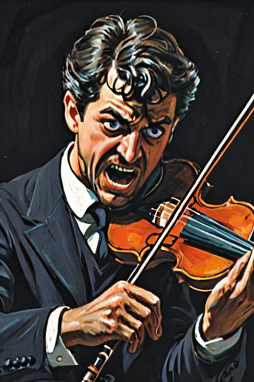 a man playing the violin with an appearance of fear and horror 