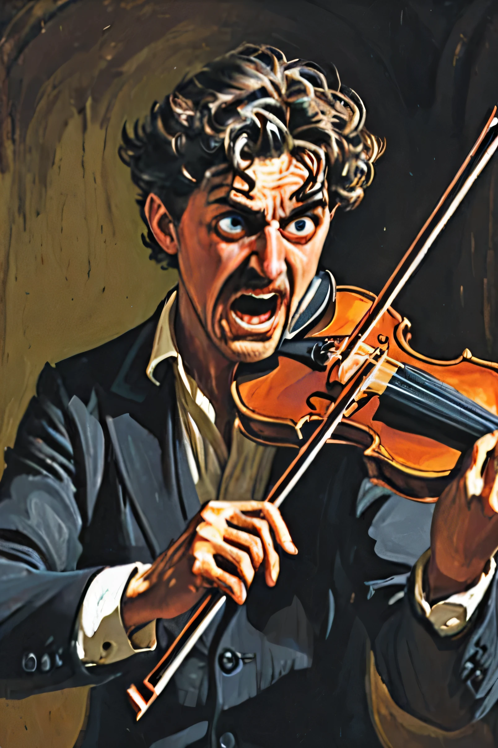 a man playing the violin with an appearance of fear and horror 